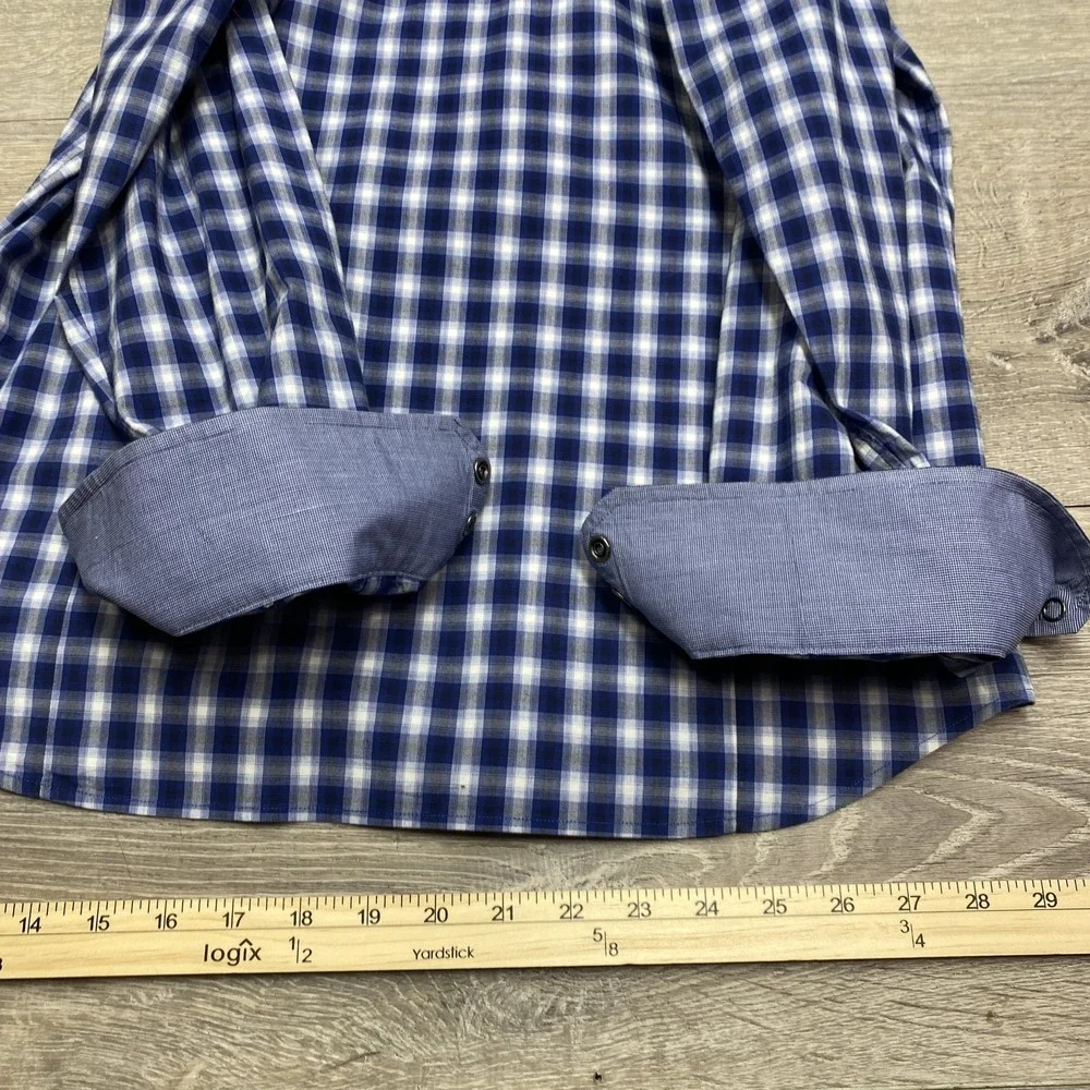 Banana Republic Shirt‎ Mens M Blue Plaid Long Sleeve Pearl Snap Slim Fit Western